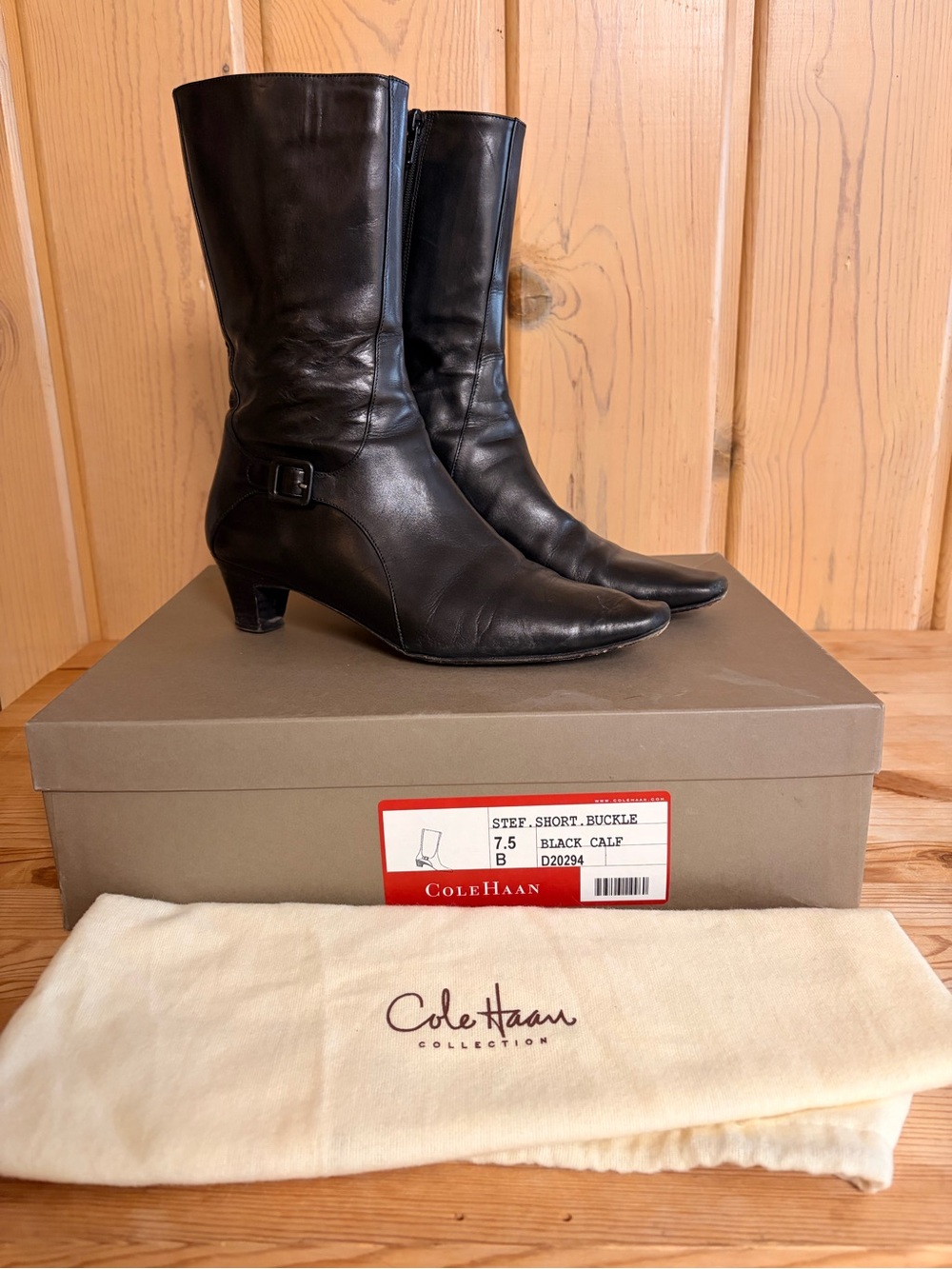 Cole Haan Black Leather Mid-Calf Buckle Boots